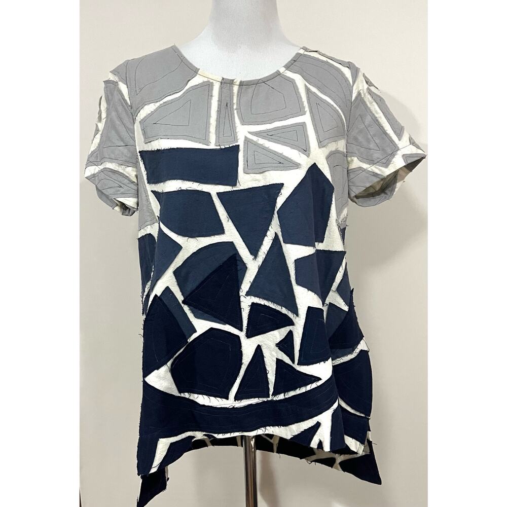 Jamie + The Jones Nashville Top Raw Silk Patchwork Geometric Gray Blue Women’s S